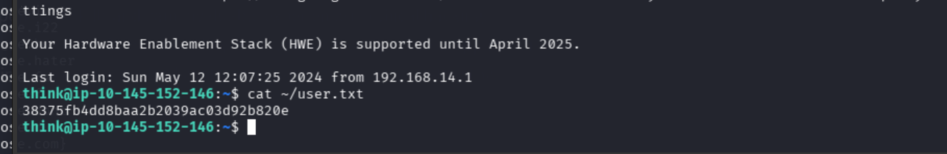 User flag retrieved after SSH access as think with the flag redacted